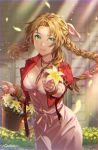  1girl absurdres aerith_gainsborough artist_name basket belt belt_buckle bow bracelet braid breasts brown_belt brown_eyes buckle buttons cleavage collarbone commentary_request cropped_jacket dress final_fantasy final_fantasy_vii final_fantasy_vii_remake fingernails flower green_eyes hair_bow hair_ribbon highres holding holding_flower iria_(yumeirokingyo) jacket jewelry light_particles light_rays long_hair looking_at_viewer medium_breasts open_clothes open_jacket parted_lips petals pink_bow pink_dress pink_ribbon red_flower red_jacket red_rose ribbon rose shiny shiny_hair shiny_skin short_sleeves sidelocks single_braid smile solo tied_hair 
