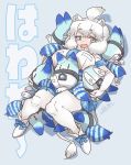  1girl animal_ears big_hair blue_bow blue_eyes blue_neckwear blue_skirt blush boots bow commentary_request elbow_gloves eyebrows_visible_through_hair fang fanta_(the_banana_pistols) fur_collar gloves highres kemono_friends lion_ears lion_girl lion_tail long_hair lucky_beast_(kemono_friends) lying necktie on_back open_mouth pantyhose plaid plaid_neckwear plaid_skirt plaid_trim pleated_skirt shirt shoe_bow shoes short_sleeves skirt solo t-shirt tail translation_request white_footwear white_gloves white_hair white_legwear white_lion_(kemono_friends) 