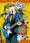  1boy :d absurdres album_cover blazer blue_jacket blue_pants blush brown_eyes brown_hair bunbowwow character_name collared_shirt commentary_request cover cowboy_shot dress_shirt electric_guitar fender_telecaster flower futsuu_no_keion-bu guitar happy_birthday highres holding holding_guitar holding_instrument holding_plectrum instrument jacket lapels long_sleeves looking_at_viewer male_focus microphone microphone_stand necktie notched_lapels pants plectrum red_necktie school_uniform shirt smile solo standing sunflower takami_kouki teeth twitter_username upper_teeth_only watermark white_shirt wing_collar winter_uniform yankee_(yonezu_kenshi) yellow_background 