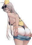 1girl absurdres ahoge animal_on_head ass azur_lane bikini bird bird_on_back bird_on_head black_bikini black_eyes brown_hair commentary_request cowboy_shot denim denim_shorts eyewear_on_head from_behind hatski.sin highres jean_bart_(azur_lane) jean_bart_(private_apres_midi)_(azur_lane) leaning_forward long_hair looking_back manjuu_(azur_lane) official_alternate_costume on_head open_mouth removing_pants round_eyewear shorts simple_background solo sunglasses swimsuit very_long_hair white_background 