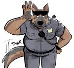 anthro belly belt beverly_hills_chihuahua blue_bottomwear blue_clothing blue_pants blue_shirt blue_topwear bottomwear brown_body brown_fur canid canine canis clothing delgado domestic_dog electronics eyewear fur german_shepherd herding_dog hi_res hunter-husky leaning leaning_forward lifting_glasses looking_at_viewer male mammal mature_male moobs motion_lines pants pastoral_dog police police_badge police_officer police_uniform shirt simple_background slightly_chubby solo standing sunglasses tail tail_motion tailwag tan_body tan_fur topwear uniform walkie-talkie wristband