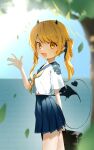  1girl absurdres alternate_costume asymmetrical_hair bag black_horns black_tail black_wings blonde_hair blue_archive blue_sailor_collar blue_skirt blurry blurry_background breasts commentary_request cropped_shirt demon_girl demon_horns demon_tail demon_wings halo highres holding holding_bag horns ibuki_(blue_archive) long_hair midriff_peek miniskirt neckerchief open_mouth pleated_skirt pointy_ears sailor_collar sailor_shirt school_uniform shirt short_sleeves side_ponytail skirt small_breasts solo syuerito_99 tail waving white_shirt wings yellow_eyes yellow_halo yellow_neckerchief 