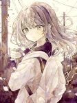  1girl artist_name bag book brown_theme cardigan commentary falling_petals highres holding holding_book long_hair looking_at_viewer looking_to_the_side monochrome original outdoors painting_(medium) petals power_lines sailor_collar school_bag school_uniform sepia serafuku sky solo standing tears traditional_media turning_head twitter_username upper_body utility_pole watercolor_(medium) yukoring 