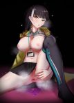  1girl anal_fluid anus bangs black_hair blunt_bangs breasts breasts_outside girls_frontline heterochromia highlights highres large_breasts multicolored_hair navel orange_eyes partially_undressed periory pleated_skirt pussy ro635_(girls_frontline) skirt solo steaming_body yellow_eyes 