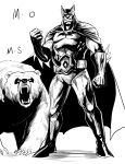  animal_ear_headwear animal_print bat_print batman batman_(cosplay) batman_(series) batman_symbol bear belt cape claws clenched_hand cosplay cowl dc_comics domino_mask fangs gegegekman gloves greyscale hand_up hearthstone male_focus mask monochrome muscular muscular_male open_mouth orc rexxar superhero_costume tusks utility_belt warcraft 