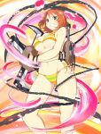  1girl ass_visible_through_thighs bikini blush body_blush breasts brown_eyes chain cleavage crossed_arms dual_wielding energy fuma_(senran_kagura) fuuma_shuriken green_bikini grin groin hair_between_eyes hair_ribbon holding holding_shuriken holding_weapon large_breasts linea_alba looking_at_viewer micro_bikini multicolored_bikini navel non-web_source official_art orange_bikini orange_hair rainbow_bikini red_bikini ribbon senran_kagura senran_kagura_new_wave shiny_skin short_hair shuriken side-tie_bikini_bottom smile solo splatter standing striped_bikini striped_clothes swimsuit teeth topknot underboob weapon white_bikini white_ribbon yaegashi_nan yellow_bikini 