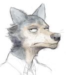  anthro beastars black_eyes canid canine canis clothed clothing fangs frown fur grey_body grey_fur jonas legoshi_(beastars) male mammal simple_background sketch solo tan_body tan_fur teeth whiskers white_background wolf 