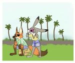  2020 anthro border canid canine clothed clothing disney duo fox francesca-ictbs fully_clothed fur grey_body grey_fur hi_res jewelry judy_hopps lagomorph leporid mammal necklace nick_wilde orange_body orange_fur outside palm_tree rabbit red_fox sitting standing tongue tongue_out tree white_border zootopia 