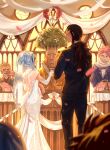  1girl 3boys black_hair blue_hair bridal_veil character_request commentary dress elbow_gloves english_commentary eye_contact fairy_tail gajeel_redfox gloves grace_tran groom hair_bun highres holding_hands levy_mcgarden looking_at_another multiple_boys natsu_dragneel pink_hair pink_petals ponytail scarf tree veil warrod_sequen wedding_dress white_gloves 