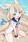  1girl absurdres animal_ear_fluff animal_ears aqua_nails beach blonde_hair blue_eyes blush cat_ears cat_girl collarbone fins fish_tail highres indie_virtual_youtuber long_hair looking_at_another mochigome_19 multicolored_hair open_mouth sameko_saba sand shirt sitting sleeveless sleeveless_shirt smile solo starfish tail very_long_hair virtual_youtuber wariza white_shirt 