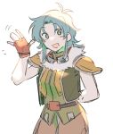  1girl arm_behind_back blue_hair cropped_jacket curtained_hair eiyuu_densetsu eyewear_hang fingerless_gloves gloves goggles goggles_around_neck highres josette_capua leorlontyan looking_at_viewer open_mouth parted_bangs shoulder_guard sidelocks simple_background smile sora_no_kiseki unworn_eyewear upper_body waving white_background yellow_eyes 
