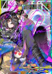 1girl absurdres belt black_belt black_boots black_hair black_hoodie black_pants black_shirt boots breasts brown_eyes chaldea_logo character_doll closed_mouth colorful colorful_background doll eyewear_on_head fate/grand_order fate_(series) hair_over_one_eye headphones high-waist_pants highres holding holding_megaphone hood hooded_shirt hoodie jacket kitsunebi44410 knees_up lady_yu_doll looking_at_viewer megaphone mole mole_under_eye multiple_belts pants shirt short_hair small_breasts solo sunglasses xu_fu_(fate) yellow_jacket 