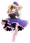  1girl alice_margatroid alice_margatroid_(pc-98) alphes_(style) bare_arms blonde_hair blue_hairband blue_ribbon blue_skirt bobby_socks book commentary_request dairi frilled_skirt frills full_body grimoire_of_alice hair_between_eyes hairband holding holding_book large_variant_set leg_up open_book parody parted_bangs puffy_short_sleeves puffy_sleeves ribbon shirt short_hair short_sleeves skirt socks solo style_parody tachi-e touhou touhou_(pc-98) transparent_background variant_set white_shirt white_socks 
