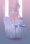  1girl absurdres ass azur_lane bare_shoulders blue_eyes bouquet breasts cameltoe dress dress_lift elbow_gloves flower frilled_panties frills from_behind full_body garter_straps gloves high_heels highres illustrious_(azur_lane) indoors jewelry kneeling kneepits knees_together_feet_apart legs long_hair looking_back one_knee panties presenting ring shoes sideboob silver_hair solo stool strapless strapless_dress swd3e2 thigh_gap thighhighs thighs underwear wedding_band wedding_dress white_dress white_footwear white_gloves white_legwear white_panties window 