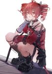  1girl ahe_ll99 alternate_costume arm_rest arm_warmers belt black_belt black_boots black_skirt boots drill_hair fishnet_thighhighs fishnets full_body hair_between_eyes hair_ornament hair_ribbon hand_up highres kasane_teto looking_at_viewer miniskirt red_eyes red_hair red_nails red_shirt ribbon shirt single_arm_warmer single_bare_shoulder skirt solo squatting thighhighs tile_floor tiles tongue tongue_out twin_drills utau white_background white_ribbon 