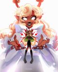  1girl absurdres animal_ears antlers artist_name black_lips black_skirt blonde_hair blood crown_of_thorns deer_ears deer_girl deltarune furry furry_female green_shirt highres horns killjoyous long_hair multiple_views noelle_holiday noelle_holiday_(dark_world) open_mouth own_hands_together reindeer_girl robe shirt skirt thorn_ring_(deltarune) weird_route_(deltarune) white_background white_eyes white_robe 