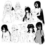  6+girls absurdres animal_ears aru_(blue_archive) asahina_yoshitoshi blue_archive blush breasts breasts_squeezed_together choker closed_mouth collar completely_nude cropped_legs dark-skinned_female dark_skin dog_ears eyewear_on_head fake_animal_ears female_pubic_hair glasses goggles goggles_on_head grabbing_own_breast grabbing_own_stomach greyscale hair_between_eyes hair_over_one_eye haruna_(blue_archive) hasumi_(blue_archive) hibiki_(blue_archive) highres horns inverted_nipples kanna_(blue_archive) karin_(blue_archive) knee_up lactation large_breasts leaning_forward long_hair looking_at_viewer moe_(blue_archive) monochrome multiple_girls navel nipples nude open_mouth pubic_hair rabbit_ears simple_background single_wing smile stomach tsukuyo_(blue_archive) tsurugi_(blue_archive) white_background wings 