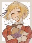  1girl axis_powers_hetalia blonde_hair blush border bow box brown_ribbon commentary_request confetti crossed_arms dress english_text envelope floating_hair frills gift gift_box green_eyes grey_border hair_ribbon happy_birthday highres holding holding_box holding_envelope juliet_sleeves liechtenstein_(hetalia) long_sleeves looking_at_viewer narabiii400 neck_ribbon outside_border puffy_sleeves purple_bow purple_ribbon red_dress ribbon shirt short_hair simple_background smile solo sparkle striped_clothes striped_dress teeth upper_body vertical-striped_clothes vertical-striped_dress white_shirt 