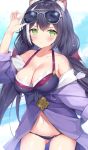  1girl animal_ear_fluff animal_ears arm_up bangs beach bikini black_bikini black_hair blush bow breasts cat_ears cat_girl cat_tail cleavage closed_mouth cloud collarbone commentary_request day eyebrows_visible_through_hair eyewear_on_head gedou_(shigure_seishin) green_eyes grey-framed_eyewear groin hair_between_eyes hair_bow highres jacket karyl_(princess_connect!) large_breasts long_hair looking_at_viewer low_twintails multicolored_hair navel ocean off_shoulder open_clothes open_jacket outdoors princess_connect! princess_connect!_re:dive purple_jacket red_bow sky solo streaked_hair sunglasses swimsuit tail twintails very_long_hair water white_hair 