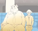  2020 anthro belly blush bottomwear canid canine canis clothing domestic_dog duo hand_holding inunoshippo kemono male mammal necktie overweight overweight_male pants shirt sitting topwear 