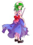  1girl alphes_(style) android apron back back_bow black_shoes blue_dress blush bow commentary_request dairi defeat dress frilled_sleeves frills full_body green_hair holding large_variant_set maid maid_apron maid_headdress mary_janes mop parody parted_bangs puffy_short_sleeves puffy_sleeves red_bow ruukoto shoes short_hair short_sleeves socks solo style_parody tachi-e torn_clothes touhou touhou_(pc-98) transparent_background variant_set waist_apron white_apron white_socks 
