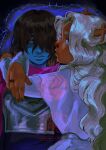  1girl 1other absurdres antlers armor blonde_hair blue_skin colored_skin dark-skinned_female dark_skin deer_antlers deer_girl deltarune eyelashes freckles furry furry_female highres horns jaggedspine jewelry kris_(dark_world)_(deltarune) kris_(deltarune) lips long_hair long_sleeves noelle_holiday noelle_holiday_(dark_world) reindeer_girl robe thorn_ring_(deltarune) very_dark_skin weird_route_(deltarune) white_robe 