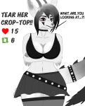 2025 5_fingers abs absurd_res accessory alternative_fashion annoyed anthro arm_tuft assisted_exposure athletic athletic_anthro athletic_female belly belt big_breasts big_butt black_clothing black_hair black_highlights black_lipstick black_markings black_nails black_topwear bottomwear breasts butt canid canine canis chest_tuft choker claws cleavage clothed clothed_anthro clothed_female clothing collar colored_nails command crop_top crossed_arms curvy_figure deep_cleavage dialogue digital_drawing_(artwork) digital_media_(artwork) dragon ear_piercing eyebrow_through_hair eyebrows eyelashes facial_markings facial_piercing facial_tuft female fingers fluffy fluffy_tail forced fur furgonomics glistening glistening_eyes glistening_lips glistening_nose goth grey_body grey_bottomwear grey_clothing grey_fur grey_hair grey_horn grey_nose grey_skirt grumpy hair half-closed_eyes head_markings heart_symbol hi_res highlights_(coloring) horn hourglass_figure huge_breasts hybrid jewelry legwear lip_piercing lips lipstick looking_at_viewer makeup mammal markings medium_hair midriff midriff_top multicolored_body multicolored_fur mythological_creature mythological_scalie mythology nails narrowed_eyes navel necklace non-mammal_breasts non-mammal_ears non-mammal_hair non-mammal_navel piercing quylla red_eyes ring scalie shaded shirt short_hair simple_background sketch skimpy skirt small_waist solo spiked_collar spiked_tail spikes spikes_(anatomy) squish standing strip_game strip_meme tail tail_accessory tail_collar talking_to_viewer text thick_tail thick_thighs thigh_highs thigh_squish thighs_together tibunsfw topwear translucent translucent_hair tuft undressing voluptuous voluptuous_anthro voluptuous_female white_background white_body white_fur white_sclera wide_hipped_anthro wide_hipped_female wide_hips