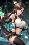  1girl absurdres artist_name bangs bare_shoulders belt beltskirt black_hair black_legwear black_shorts black_skirt blurry blurry_background blush breasts brown_hair clenched_hands closed_mouth collarbone commentary_request earrings elbow_gloves eyebrows_visible_through_hair fighting_stance final_fantasy final_fantasy_vii final_fantasy_vii_remake fingerless_gloves fingernails gloves highres iria_(yumeirokingyo) jewelry large_breasts light_smile lips long_hair looking_at_viewer low-tied_long_hair midriff miniskirt navel red_eyes shiny shiny_clothes shiny_hair shiny_skin shorts signature simple_background skirt sleeveless smile solo suspender_skirt suspenders tank_top thighhighs tied_hair tifa_lockhart white_tank_top 