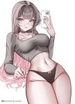  1girl absurdres among_us artist_name black_choker black_panties blunt_bangs bow bow_panties breasts brown_eyes brown_hair cellphone chaisia_art choker cleavage collarbone crop_top eyebrows_hidden_by_hair eyeshadow glasses grey_shirt highleg highleg_panties highres holding holding_phone iphone large_breasts leaning_back lipstick long_hair long_sleeves looking_at_viewer makeup michi_(chaisia_art) multicolored_hair navel original panties patreon_logo patreon_username phone pink_(among_us) pink_bow pink_eyeshadow pink_hair pink_lips pink_nails round_eyewear shirt smartphone smile solo standing streaked_hair teeth thighs underwear very_long_hair white_background 