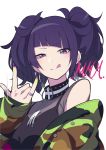  1girl :q \m/ absurdres bangs bare_shoulders diagonal_bangs earrings fami_(yellow_skies) highres idolmaster idolmaster_shiny_colors jacket jewelry looking_at_viewer purple_eyes purple_hair purple_nails simple_background smile solo tanaka_mamimi tongue tongue_out twintails white_background 