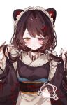  1girl animal_ears apron black_choker blush brown_hair brown_kimono choker commentary dog_ears dog_girl hands_in_own_hair heterochromia highres inui_toko inui_toko_(1st_costume) japanese_clothes kimono long_hair long_sleeves maid maid_headdress nijisanji obi poya_cha red_eyes sash simple_background smile solo symbol-only_commentary upper_body virtual_youtuber wa_maid white_apron white_background wide_sleeves yellow_eyes 