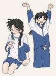  1girl arm_support arms_up blue_jacket blue_pants blue_shorts blush bottle chinese_track_school_uniform closed_eyes cropped_legs feet_out_of_frame grey_background grey_eyes highres holding holding_bottle invisible_chair jacket liang_yue_(reverse:1999) looking_at_viewer low_twintails multicolored_jacket multiple_views open_clothes open_jacket open_mouth pants puff_of_air reverse:1999 school_uniform shirt shorts sitting sleepy sweat track_jacket twintails two-tone_jacket white_jacket white_shirt yang_miemie_benti yawning 