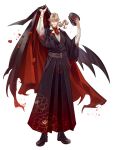  1boy alpaca_connect ascot bat_wings beard_stubble belt belt_boots black_boots black_cape black_hakama black_hat black_kimono black_wings blonde_hair boots brown_belt cape cigarette colored_extremities colored_skin curtained_hair dress_shirt facial_hair falling_petals floral_print full_body gradient_clothes gradient_hakama gradient_skin grin hakama hat highres holding holding_unworn_cape holding_unworn_clothes holding_unworn_hat japanese_clothes jitome kimono long_hair low_ponytail male_focus multiple_belts parted_bangs peaked_cap peony_print petals ponytail red_ascot red_cape red_eyes red_hakama red_hands red_petals red_skin scar scar_on_neck shirt simple_background single_wing smile smoking solo standing stubble tokyo_insomnia two-sided_cape two-sided_fabric unworn_cape unworn_hat unworn_headwear very_amai white_background white_shirt wing_collar wings 