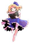  1girl alice_margatroid alice_margatroid_(pc-98) alphes_(style) bare_arms blonde_hair blue_hairband blue_ribbon blue_skirt bobby_socks book commentary_request dairi frilled_skirt frills full_body grimoire_of_alice hair_between_eyes hairband holding holding_book large_variant_set leg_up open_book parody parted_bangs puffy_short_sleeves puffy_sleeves ribbon shirt short_hair short_sleeves skirt socks solo style_parody tachi-e touhou touhou_(pc-98) transparent_background variant_set white_shirt white_socks 
