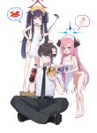  1boy 2girls absurdres apron black_hair black_necktie blue_archive breasts clothed_male_nude_female food fuuka_(blue_archive) green_eyes gro_(lee145879) halo highres holding holding_ladle horns juri_(blue_archive) ladle long_hair multiple_girls naked_apron necktie nude pink_hair sensei_(blue_archive) simple_background white_background 