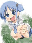  1girl black_shoes blue_eyes blue_hair blue_necktie blue_skirt blush clenched_hand clover cube_hair_ornament four-leaf_clover grass hair_ornament happy highres holding holding_clover looking_at_viewer naganohara_mio naganoharamiomio necktie nichijou sailor_collar sailor_shirt school_uniform shirt shoes short_twintails skirt sparkle summer_uniform tokiwadai_school_uniform twintails white_background white_shirt 