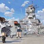  4girls battleship black_hair black_sailor_collar black_thighhighs blue_hair brown_hair carrying cloud drydock folded_ponytail fubuki_(kancolle) hair_bobbles hair_ornament highres holding holding_crate holding_hose hose inazuma_(kancolle) kantai_collection long_hair long_sleeves military_vehicle multicolored_hair multiple_girls phalanx_ciws pink_hair pleated_skirt ponytail ribbon_bar sailor_collar samidare_(kancolle) sazanami_(kancolle) school_uniform serafuku ship ship_turret shirt short_hair short_ponytail short_sleeves side_ponytail sidelocks skirt sky sleeveless sleeveless_shirt smokestack spraying thighhighs uss_missouri_(bb-63) very_long_hair warship washing_vehicle watercraft ye_fan 