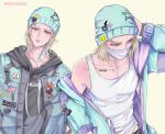  1boy alternate_costume arm_behind_head artist_name black_hoodie black_pants blonde_hair blue_hair blue_hat blue_jacket blue_lips bracelet collarbone commentary english_commentary eyebrow_piercing face_piercing grey_background hat henoopd highres hood hoodie jacket jewelry johnny_joestar jojo_no_kimyou_na_bouken looking_at_viewer looking_to_the_side male_focus mask medium_hair midriff_peek mouth_mask open_clothes open_jacket pants parted_lips piercing shirt simple_background single_bare_shoulder smile steel_ball_run tank_top upper_body white_mask white_shirt white_tank_top 