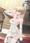  1girl blonde_hair blue_archive blue_eyes blue_hair blue_halo blunt_bangs breasts choker cleavage collarbone covered_navel dress elbow_gloves gloves hair_bun halo highres jewelry looking_at_viewer medium_breasts multicolored_hair necklace s87074877 single_sidelock skindentation solo streaked_hair thighhighs thighs toki_(blue_archive) white_choker white_dress white_gloves white_thighhighs 