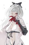  1girl absurdres black_bow blood blood_on_face blood_on_hands bow breasts cape cleavage clothing_cutout detached_sleeves drag-on_dragoon dress flower flower_over_eye grey_hair hair_between_eyes highres mechanical_arms medium_breasts mercaxy midriff navel prosthesis prosthetic_arm red_eyes single_bare_shoulder single_detached_sleeve single_mechanical_arm solo stomach stomach_cutout twitter_username white_dress zero_(drag-on_dragoon) 