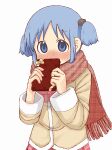  1girl blue_eyes blue_hair blush bow box cube_hair_ornament gingham_scarf gingham_skirt hair_ornament heart highres holding holding_box looking_at_viewer naganohara_mio naganoharamiomio nichijou pink_bow pink_skirt red_scarf ribbon scarf school_uniform short_twintails skirt tokisadame_school_uniform twintails valentine white_background white_sleeve_cuffs winter_uniform yellow_ribbon 