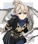  1girl absurdres alternate_costume black_dress black_eyes blue_scarf closed_mouth commentary dragon_tail dress elbow_gloves english_commentary female_kana_(fire_emblem) fire_emblem fire_emblem:_three_houses fire_emblem_fates garreg_mach_monastery_uniform gloves grey_gloves grey_tail hair_between_eyes hair_bun highres long_sleeves pointy_ears scarf sierra117renner single_hair_bun smile tail 