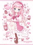 1girl :o absurdres amane_momo bandaid bandaid_on_knee bandaid_on_leg blue_eyes blush bow bowtie brown_shoes commentary_request cupcake donut drop_shadow food four-finger_heart_hands frilled_sailor_collar frilled_skirt frilled_socks frills full_body hat heart heart_hands highres indie_virtual_youtuber long_hair long_sleeves macaron mary_janes nagihoko official_art parted_lips pink_hair pink_sailor_collar pink_skirt pink_socks rabbit red_bow red_bowtie red_hat sailor_collar school_uniform serafuku shirt shoes skirt socks solo striped_clothes striped_socks virtual_youtuber watermark white_background white_shirt 