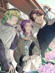  3boys absurdres black_shirt blonde_hair blue_shirt bottle bracelet break_my_case brown_eyes brown_hair closed_eyes closed_mouth day flower green_hair grin hair_between_eyes highres holding holding_bottle hydrangea ichikawa_haruhi jewelry layered_sleeves light_particles long_sleeves looking_ahead low_ponytail male_focus medium_hair multicolored_hair multiple_boys necklace official_art okiya_sei open_clothes open_shirt outdoors parted_lips ponytail purple_flower purple_hair ramune ring roots_(hair) shirt short_hair short_over_long_sleeves short_sleeves smile standing striped_clothes striped_shirt tsukimoto_taiga uminonew undershirt white_shirt wide_sleeves yellow_eyes 