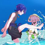  1boy 1girl arms_at_sides barefoot black_shorts bloomers blue_hair blue_sky blunt_ends blush bodysuit bracelet bright_pupils brown_bodysuit brown_hat caramelo_game clear_sky clenched_hand closed_eyes colored_inner_hair colored_tips dress eyelashes eyeliner eyeshadow facing_another foot_up genshin_impact gold gold_trim green_hair hair_between_eyes hakama hakama_shorts hat highres hip_vent japanese_clothes jewelry long_hair looking_at_another makeup mandarin_collar multicolored_hair nahida_(genshin_impact) ocean open_hand open_hands open_mouth outdoors pleated_shorts purple_eyes purple_hair red_eyeliner red_eyeshadow scaramouche_(genshin_impact) shorts side_ponytail sidelocks sky splashing standing sun_hat toes tsurime twitter_username wading wanderer_(genshin_impact) watermark white_bloomers white_dress white_hair white_pupils 