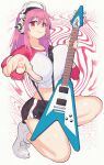  1girl between_breasts black_shorts blush breasts closed_mouth cropped_shirt guitar highres holding holding_guitar holding_instrument holding_plectrum inkerton-kun instrument large_breasts long_hair looking_at_viewer nitroplus pink_hair plectrum raglan_sleeves red_eyes shoes short_shorts short_sleeves shorts smile sneakers socks solo strap_between_breasts super_sonico white_shoes white_socks 