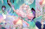  1girl absurdres analog_clock animal animal_skeleton aqua_background aqua_gemstone argyle_background asymmetrical_gloves bare_shoulders barefoot bird blue_dress blue_eyeshadow blue_flower blue_gloves blue_leggings blue_rose bow bow_earrings breasts bubble carousel cleavage clock clothed_animal colored_eyelashes cone_hair_bun cowboy_shot curtained_hair detached_leggings detached_sleeves dress drill_hair earrings eyeshadow ferris_wheel fishnet_gloves fishnets floral_print flower flower_on_leg food footwear_flower frilled_dress frills gem gloves gradient_flower gradient_hair green_bow hair_bun hair_flower hair_ornament heterochromia high_heels highres hollow_body holographic_clothing jewelry leaf leggings lipstick liquid long_hair looking_to_the_side lower_body makeup melting mismatched_gloves multicolored_dress multicolored_eyes multicolored_hair multiple_drills nail_polish nanase_miri neck_ruff official_art original outstretched_arm pale_skin parted_bangs parted_lips pastel_colors pink_bow pink_dress pink_flower pink_gloves pink_hair pink_lips pink_nails pink_rose plant polka_dot popcorn print_gloves purple_eyes purple_flower purple_rose rabbit red_gemstone ring rose rose_print see-through_clothes short_dress single_detached_legging single_leg_pantyhose soap_bubbles solo spine split_screen strapless strapless_dress striped_bow striped_leggings teardrop_facial_mark thighhighs toenail_polish toenails trellis twin_drills twintails two-tone_bow vines white_bow white_dress white_flower white_hair white_rose white_thighhighs yellow_dress yellow_nails 