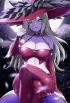  1girl aqua_gemstone black_feathers black_sky blonde_hair breasts bridal_gauntlets cleavage cloud colored_skin commentary_request cropped_shirt crossed_legs dragon_quest dragon_quest_x earrings feathers full_moon gem gratzel_(dq10) hair_between_eyes hat hat_feather head_tilt highres jewelry large_breasts long_hair long_hair_between_eyes looking_at_viewer midriff moon night night_sky nikon_(user_aznh7528) orb pants pink_bridal_gauntlets pink_hat pink_pants pink_shirt purple_skin red_lips shirt sitting sky sleeveless sleeveless_shirt star_(sky) witch witch_hat yellow_eyes 