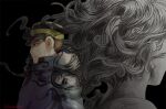  1boy 1girl artist_name black_background black_hat brown_hair buzz_cut coat facial_hair goatee_stubble golden_kamuy hat igogusa imperial_japanese_army kepi long_hair military_hat nekosoul short_hair stubble tsukishima_hajime very_short_hair 