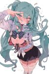  1girl aqua_eyes aqua_hair aqua_nails black_skirt blue_bow blue_bowtie blush bow bowtie bra bunchi collared_shirt commentary_request hair_between_eyes hatsune_miku heart highres long_hair long_sleeves looking_at_viewer nail_polish red_bra shirt simple_background skirt smile solo steaming_body thighhighs tongue tongue_out twintails underwear v very_long_hair vocaloid white_background white_shirt white_thighhighs 